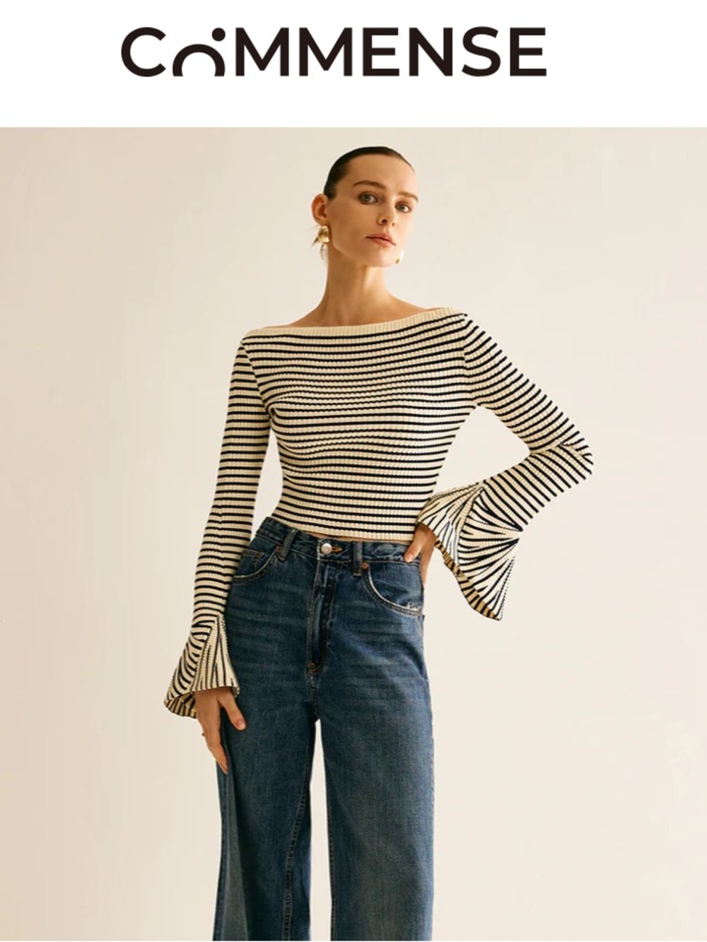 NWT Commense Striped Ruffle-Sleeve Knit Top - Black & White size M